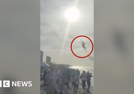 Watch: Moment US Navy Blue Angels stun packed beach with low flypast