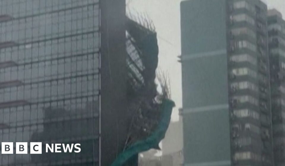 Watch: Scaffolding ripped from Hong Kong building as Typhoon Noul makes landfall