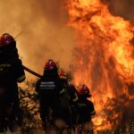 Pictures show firefighters battling raging wildfires in Greece