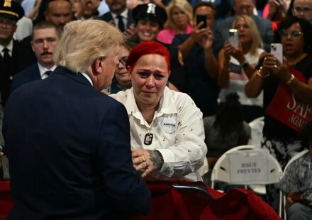 President Donald Trump exits speech stage to hug Jacob Freytes' grieving parents