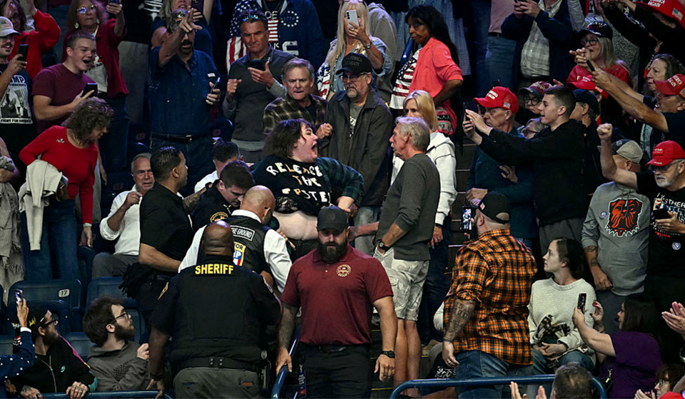 Heckler in 'Release the Epstein Files' shirt punched at Trump rally in Ohio